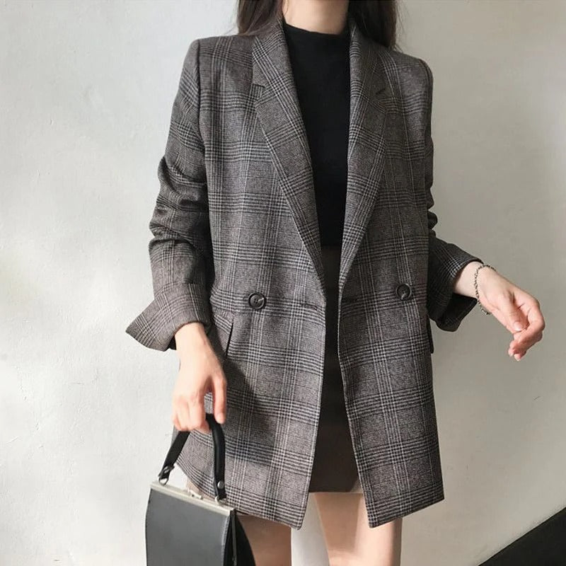 Belle - Elegant Lang Oversize Tweed Blazer med Knapper til Dame | Ideel til afslappede dage