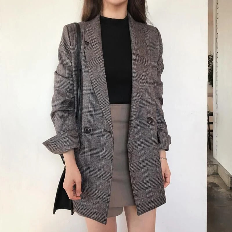 Belle - Elegant Lang Oversize Tweed Blazer med Knapper til Dame | Ideel til afslappede dage