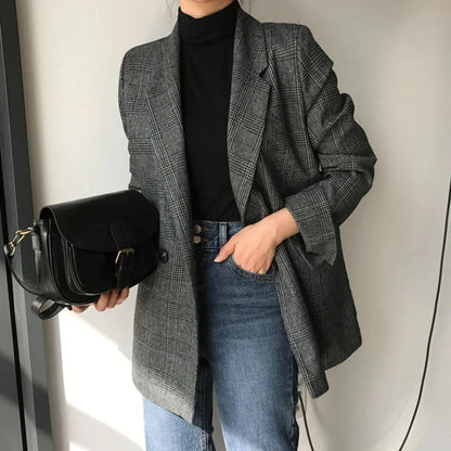 Belle - Elegant Lang Oversize Tweed Blazer med Knapper til Dame | Ideel til afslappede dage